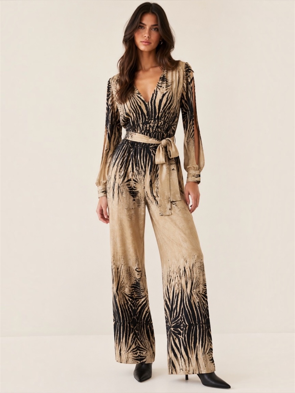 Cameo Zebra Animal Print Long Sleeve Belted Wide Leg Jumpsuit Beige Black